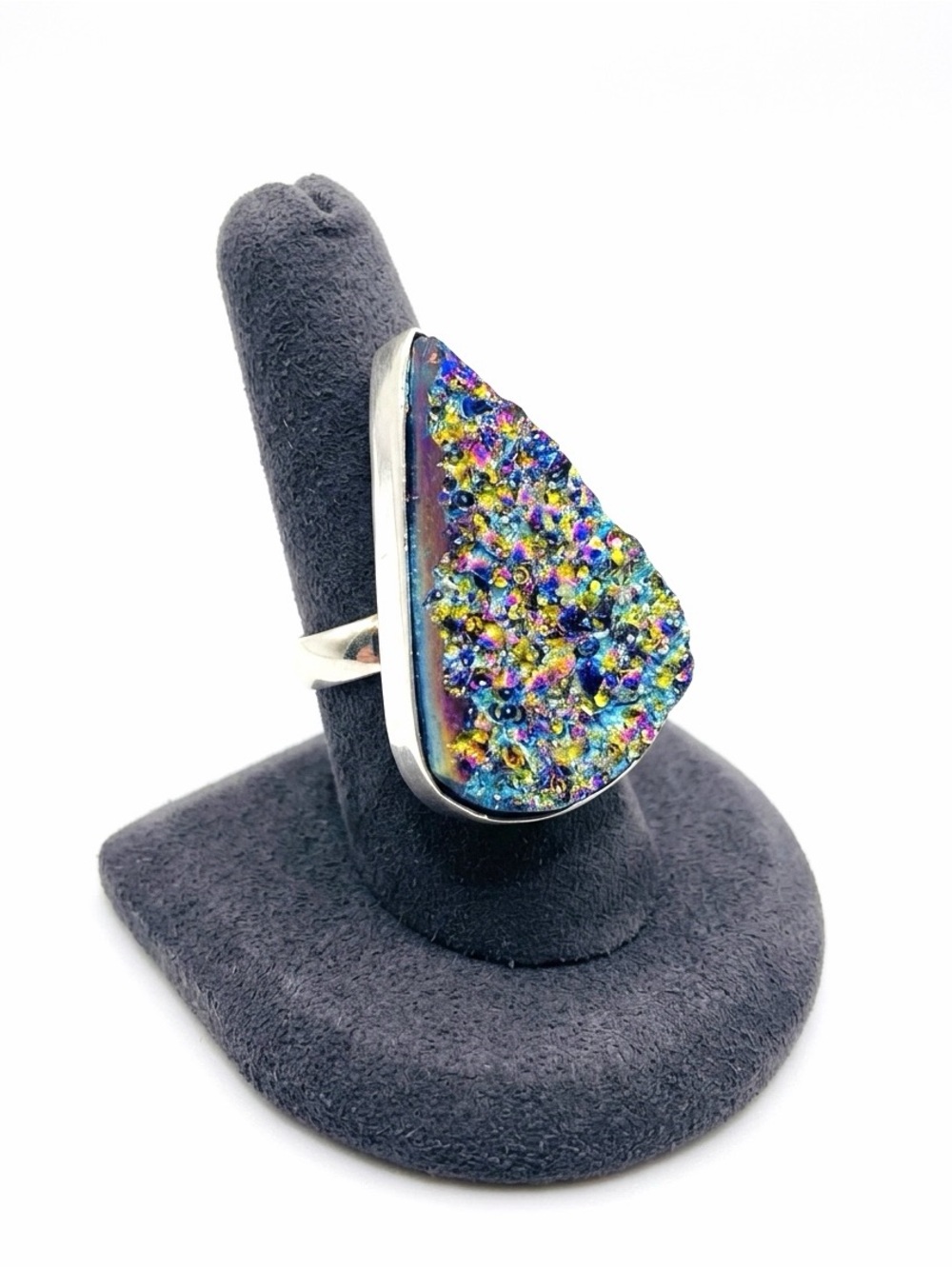 New Artisan Rainbow Natural Aura Quartz Stone 925 Sterling Silver Tear Drop Ring